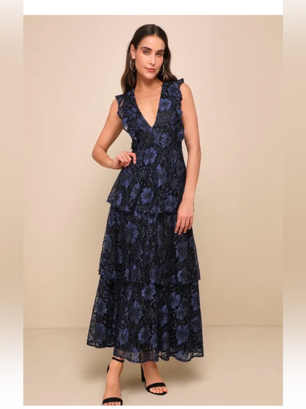 Lulus Molinetto Navy Blue Lace Ruffled Tiered Sleeveless Maxi Dress small